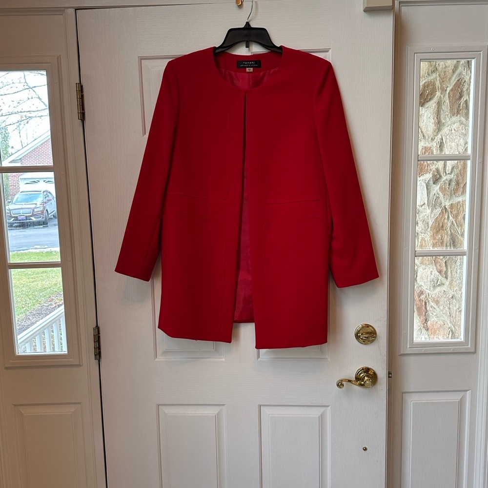 Tahari ASL Vibrant Red long Women's open front jacket/coat size 16